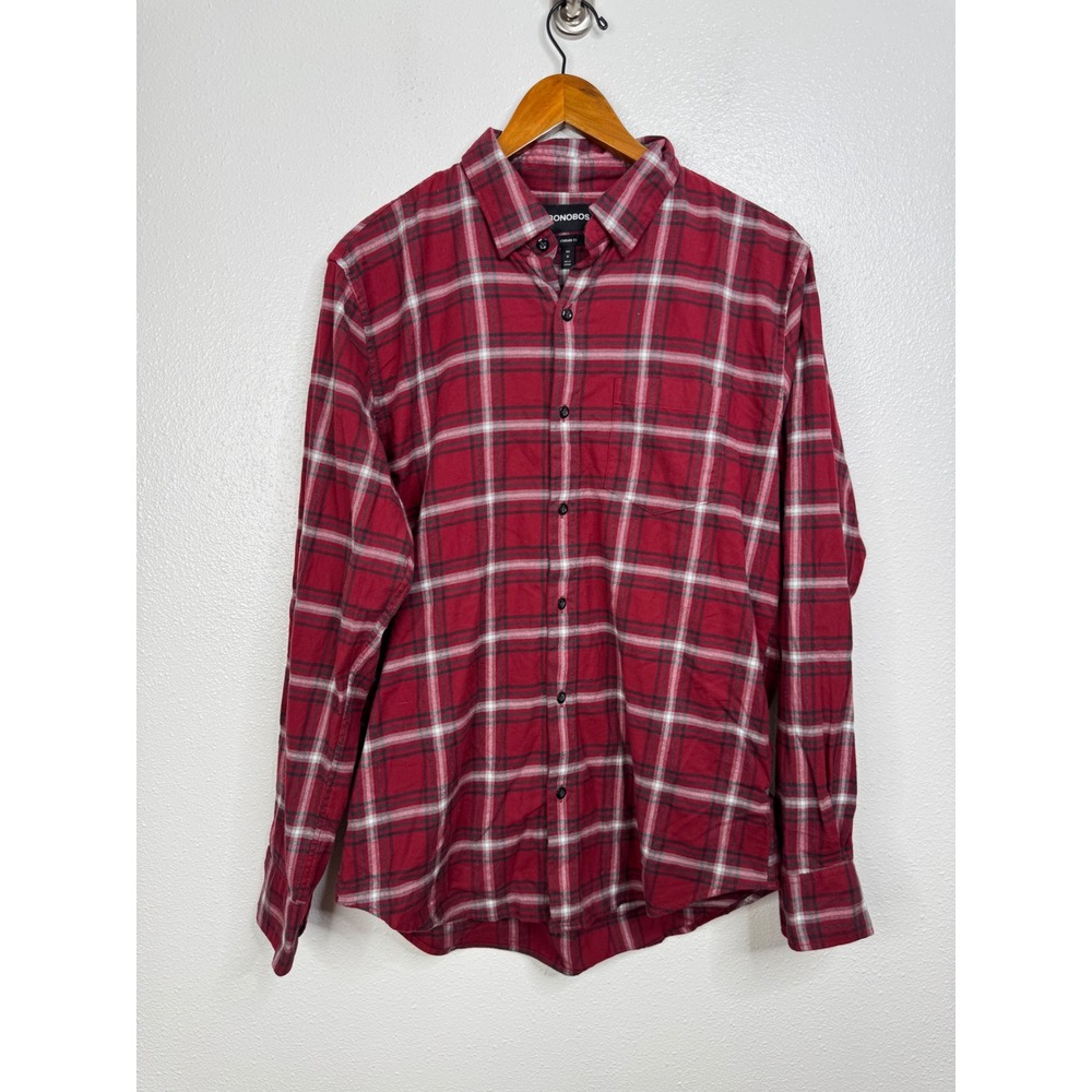 Bonobos Mens Standard Fit‎ Flannel Plaid Button Down Shirt Red White Medium